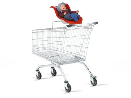 Wózek sklepowy z półką i fotelikiem dla niemowlęcia